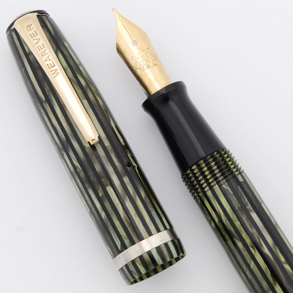 Wearever Meteor Fountain Pen (1940s) - Green Striped w/GT, Button